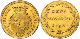 Duplone, 1793
Schweiz, Bern. RESPVBLICA – BERNENSIS. Geköntes Bernerwappen, unten grosse Lorbeerzweige // DEVS – PROVIDEBIT 1793. Krieger von vorn mit...
