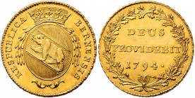 2 Duplone, 1793
Schweiz, Bern. RESPUBLICA BERNENSIS, Gekröntes Wappen // Im Eichenkranz: DEUS / PROVIDEBIT / 1793. 15,26g
HMZ 2-213a.
stgl