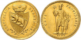 Duplone, 1793
Schweiz, Bern. RESPVBLICA – BERNENSIS. Geköntes Bernerwappen, unten grosse Lorbeerzweige // DEVS – PROVIDEBIT 1793. Krieger von vorn mit...