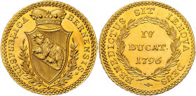IV Dukat, 1796
Schweiz, Bern. RESPUBLICA - BERNENSIS Gekröntes Stadtwappen über gekreuzten Lorbeerzweigen // BENEDICTUS SIT IEHOVA DEUS Lorbeerkranz, ...