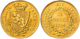 II Dukat, 1796
Schweiz, Bern. RESPUBLICA BERNENSIS. Gekröntes spitzes Wappen zwischen zwei Lorbeerzweigen // BENEDICTUS SIT IEHOVA DEUS. In einem Lorb...