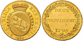 2 Duplone, 1796
Schweiz, Bern. RESPUBLICA BERNENSIS, Bekrönter Berner Wappenschild // Rv. DEUS / PROVIDEBIT / 1796 im Eichenkranz.. 15,24g
HMZ 2-213f,...