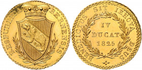 IV Dukat, 1825
Schweiz, Bern. RESPUBLICA – BERNENSIS. Bekrönter Berner Wappenschild zwischen zwei gekreuzten Lorbeerzweigen // (Blattkreuz) BENEDICTUS...