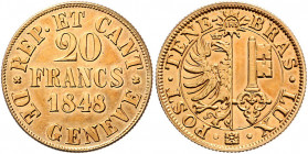 20 Franken, 1848
Schweiz, Genf. Rundes Genfer Wappen unter strahlender Sonne mit Christus-Monogramm. Rv. Wertangabe und Jahreszahl. 7,67g
D.T. 277, HM...