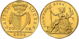 10 Franken, 1804
Schweiz, Luzern. KANTON LUCERN, Bekröntes Wappen zwischen 10. - FR., im Abschnitt die Jahrzahl 1804 // SCHWEIZER. EYDG:, Krieger in a...