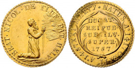 Dukat, 1787
Schweiz, Obwalden. Nachprägung von 1860. Auflage nur 150 Exemplare geprägt.. 3,48g
D./T. 605b, HMZ 2-731k, Friedberg 351
stgl