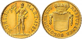 Duplone, 1787
Schweiz, Solothurn. Stempelschneider Johann Caspar Mörikofer. RESPUBLICA SOLODORENSIS. Bekröntes Solothurner Wappenschild mit Girlande /...