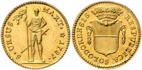 1/2 Duplone, 1787
Schweiz, Solothurn. Stempelschneider Johann Caspar Mörikofer. RESPUBLICA SOLODORENSIS. Bekrönter Solothurner Wappenschild mit Girlan...