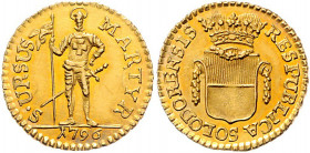 1/4 Duplone, 1796
Schweiz, Solothurn. RESPUBLICA SOLODORENSIS. Gekröntes Wappen // S. URSUS MARTYR 1796. Stehener Hl. Ursus in Rüstung mit Fahne. 1,90...