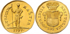 2 Duplone, 1797
Schweiz, Solothurn. Gekröntes Stadtwappen mit Girlanden. Rv. Stehender hl. Ursus ohne Nimbus. In der Rechten Stab mit Kreuzfahne, umge...