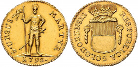 2 Duplone, 1798
Schweiz, Solothurn. Gekröntes Stadtwappen mit Girlanden. Rv. Stehender hl. Ursus ohne Nimbus. In der Rechten Stab mit Kreuzfahne, umge...