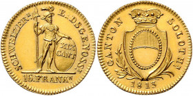 16 Franken, 1813
Schweiz, Solothurn. Münzmeister Anton Pfluger (1807-1830). CANTON - SOLOTHN. Ovaler Solothurner Wappenschild in bekrönter, spatenförm...