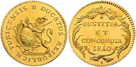 Dukat, 1810
Schweiz, Zürich. Stschn. Johann Caspar (II.) Brupacher aus Wädens­wil. (Stern) DUCATUS REIPUBLICÆ TURICENSIS. Stehender Löwe auf Sockellei...