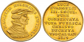 Dukat, 1819
Schweiz, Zürich. auf Huldrich Zwingli und die 300-Jahrfeier der Reformation in der Schweiz. MAGISTER HVLDRICVS ZVINGLI, Büste Zwinglis nac...