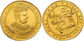 10 Dukaten, 1605
Ungarn, Siebenbürgen. Geharnischtes Brustbild mit Kalpag r. STE BOCHKAY D G HVNGA TRAN Q PRIN ET SICV COMES. Rv. Geharnischter Arm au...