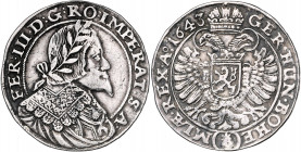 Ferdinand III. 1637 - 1657
1/2 Taler, 1643. Prag
14,20g
Her.---, MzA.---., Halacka.---
winzige Henkelspur
ss