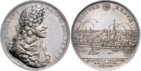 Leopold I. 1657 - 1705
Silbermedaille, 1689. auf die Wiedereinnahme der Stadt Mainz und die Vertreibung der französischen Besatzer. Geharnischtes Brus...