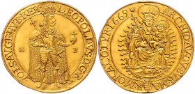 Leopold I. 1657 - 1705
5 Dukaten, 1669. LEOPOLDVS D : G R - O I S AV . GE HV B REX Der gekrönte und geharnischte Kaiser mit Schwert, umgelegtem Mantel...