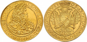 Leopold I. 1657 - 1705
5 Dukaten, 1703 (02). Geharnischtes Brustbild r. mit Lorbeerkranz, umgelegtem Mantel und der Kette des Ordens vom Goldenen Vlie...