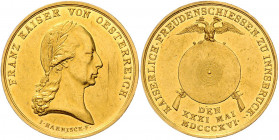 Franz I. 1806 - 1835
3 Dukaten (Harnisch), 1816. auf das Kaiserliche Freischießen in Innsbruck. 10,46g,
Mont.- (vgl. 2449), Morosini .- (vgl. 1448 Ag)...