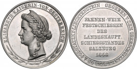 Franz Joseph I. 1848 - 1916
Zinn-Schützenmedaille, 1868. auf das Fahnenweihe - Festschießen in Salzburg gegeben von Oberschützenmeister Graf Podstatzk...
