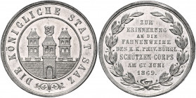 Franz Joseph I. 1848 - 1916
Zinn-Schutzenmedaille, 1869. an die Fahnenweihe des K&K privilegiertem bürgerlichen Schützenkorps der königlichen der Stad...