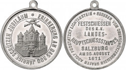 Franz Joseph I. 1848 - 1916
Zinn-Schützenmedaille, 1871. auf das 300-jähr. Schützenjubiläum Salzburg am 20. August 1871, Ø 35 mm, an Original Öse
Wien...