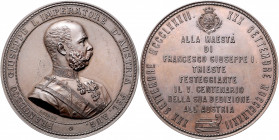 Franz Joseph I. 1848 - 1916
Bronzemedaille, 1882. auf das 500-jährige Jubiläum der Zugehörigkeit Triests zu Österreich, Ø 55 mm, von Leisek, Ø 55 mm
W...