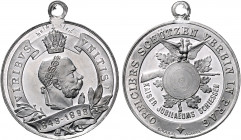 Franz Joseph I. 1848 - 1916
Zinn-Schützenmedaille, 1898. auf das Kaiser-Jubiläumsschiessen des Offiziers-Schützen-Vereins in Prag, Belorbeerter Kopf n...