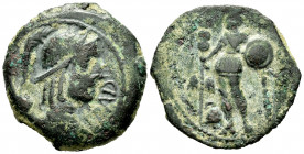 Central Gaul. Arverni. AE 18. 50-30 BC. (Depeyrot-NC III 238). (D&T-3607). Anv.: Helmeted and draped bust right, wing over shoulder; EPAD to right. Re...