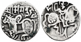 Hindu Shahis. Samanta Deva. Jital. 850-1000 AD. Kabul. (Tye-14). Anv.: Recumbent zebu left; star, pellet, and upside-down crescent to left. Rev.: Ride...