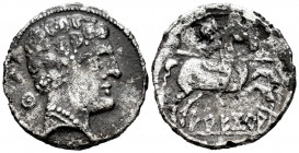 Arekoratas. Fourée Denarius. 150-20 BC. Agreda (Soria). (Abh-110). (Acip-1760). Anv.: Male head to right, behind globule . Rev.: Rider with lance to t...
