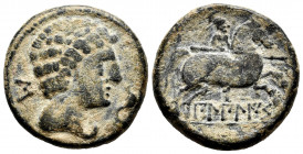 Bilbilis. Unit. 120-30 BC. Calatayud (Zaragoza). (Abh-254). (Acip-1567). (C-1). Anv.: Male head right, dolphin before, iberian letter S behind. Rev.: ...