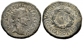 Bilbilis. Augustus period. Unit. 27 BC - 14 AD. Calatayud (Zaragoza). (Abh-280). (Acip-3020). Anv.: AVGVSTVS. DIV. F. PATER. PATRIAE. around laureate ...