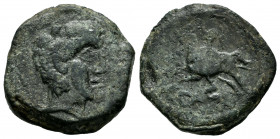 Carisa. Half unit. 50 BC. Bornos (Cádiz). (Abh-447). Anv.: Male head right. Rev.: Horseman left, holding round shield and spear, legend CARIS below. A...