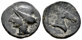 Hispanic-Carthaginian Coinage. Calco. 220-215 BC. Cartagena (Murcia). (Abh-511). (Acip-579). (C-39). Anv.: Head of Tanit left. Rev.: Head of horse rig...