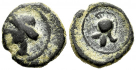 Carthage Nova. 1/4 calco. 220-215 BC. Cartagena (Murcia). (Abh-521). Anv.: Tanit head left. Rev.: Helmet with left crest. Ae. 1,44 g. Almost VF/VF. Es...