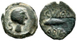 Cunbaria. Half unit. 50 BC. Cabezas de San Juan. (Abh-880). Anv.: Male head right, S behind. Rev.: Tunny left, CVNB above, ARIA below. Ae. 8,61 g. Cho...