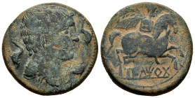 Iltirta. Unit. 200-20 BC. Lleida (Cataluña). (Abh-1465). (Acip-1249). Anv.: Male head right, three dolphins around. Rev.: Horseman right, holding palm...
