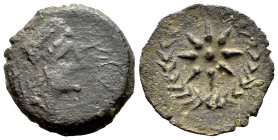 Malaka. Half unit. 200-20 BC. Malaga. (Abh-1732). Anv.: Head of Vulcan right with square cap, tongs behind, punic legend before. Rev.: Eight-rayed sta...