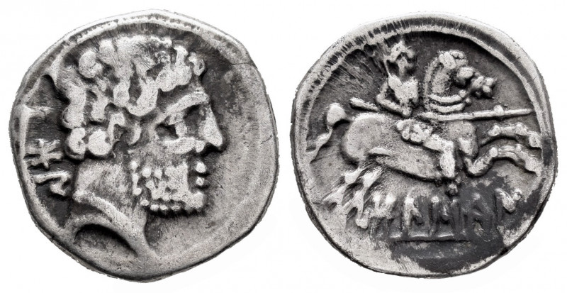 Bolskan. Denarius. 180-20 BC. Huesca. (Abh-1911). (Acip-1417). (C-6). Anv.: Bear...
