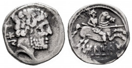 Bolskan. Denarius. 180-20 BC. Huesca. (Abh-1911). (Acip-1417). (C-6). Anv.: Bearded head right, iberian letters BON behind. Rev.: Horseman right, hold...