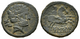 Bolskan. Fourrée Denarius. 180-20 BC. Huesca. (Abh-1917). Anv.: Bearded head right, iberian letters BON behind. Rev.: Horseman right, holding spear, i...