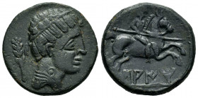 Saiti-Saetabi. Unit. 120-20 BC. Xátiva (Valencia). (Abh-2100). (Acip-2031). Anv.: Diademed male head right, ear of corn behind. Rev.: Horseman right, ...