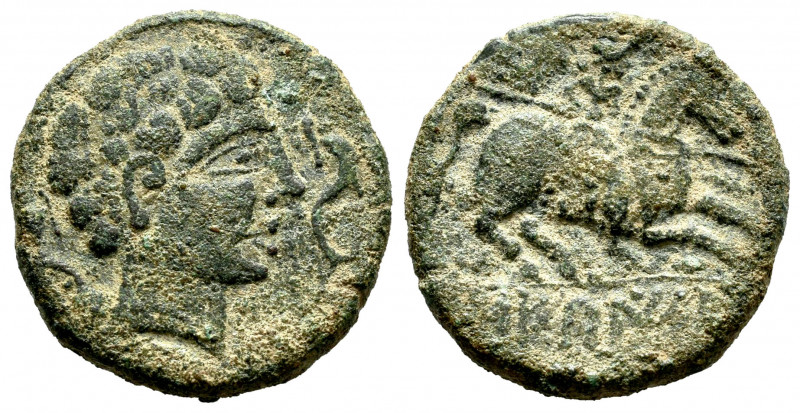 Sekaisa. Unit. 120-20 BC. Area of Aragon. (Abh-2131). Anv.: Male head right betw...
