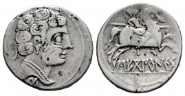 Sekobirikes. Denarius. 120-30 BC. Saelices (Cuenca). (Abh-2169). (Acip-1869). Anv.: Male head right, crescent and pellet behind, iberian letter S belo...