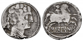 Sekoberikes. Denarius. 120-30 BC. Saelices (Cuenca). (Abh-2169). (Acip-1869). (C-5). Anv.: Male head right, crescent and pellet behind, iberian letter...