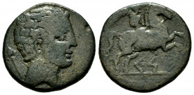 Kese. Unit. 220-200 BC. Tarragona. (Abh-2283). Anv.: Male head right, scepter behind. Rev.: Horseman right, holding palm, iberian legend KESE below. A...