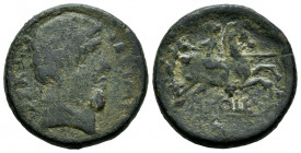 Tole. Unit. 50-20 BC. Toledo. (Abh-2401). (Acip-1901). Anv.: Male head right, legend EX. S.C. CELTAMB. Rev.: Horseman right, holding spear, TOLE on li...