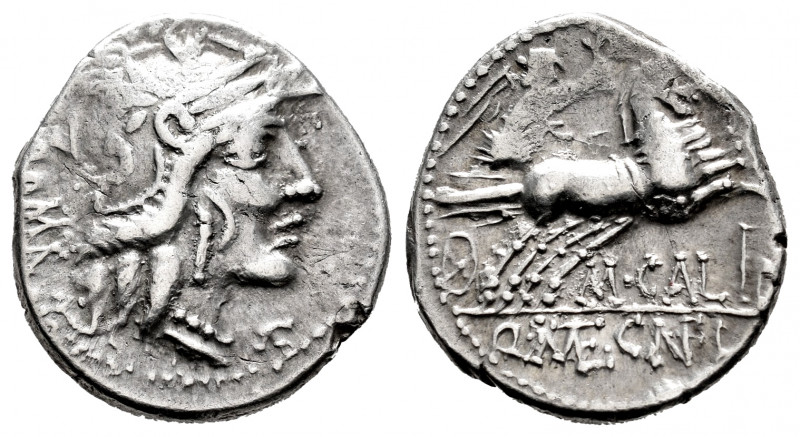 Calidius. M. Calidius, Q. Caecilius y C. Fulvius. Denarius. 117-116 BC. Norte de...